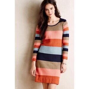 Isabella Sinclair M Striped Lambswool Cotton Pink Navy Women Knit Sweater Dress